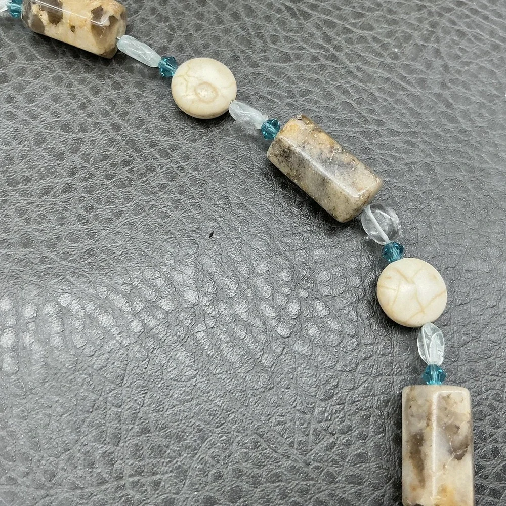 Geode Druzy Quartz Pendant Beaded Necklace Fossil Jasper Aqua Glass Beads Boho
